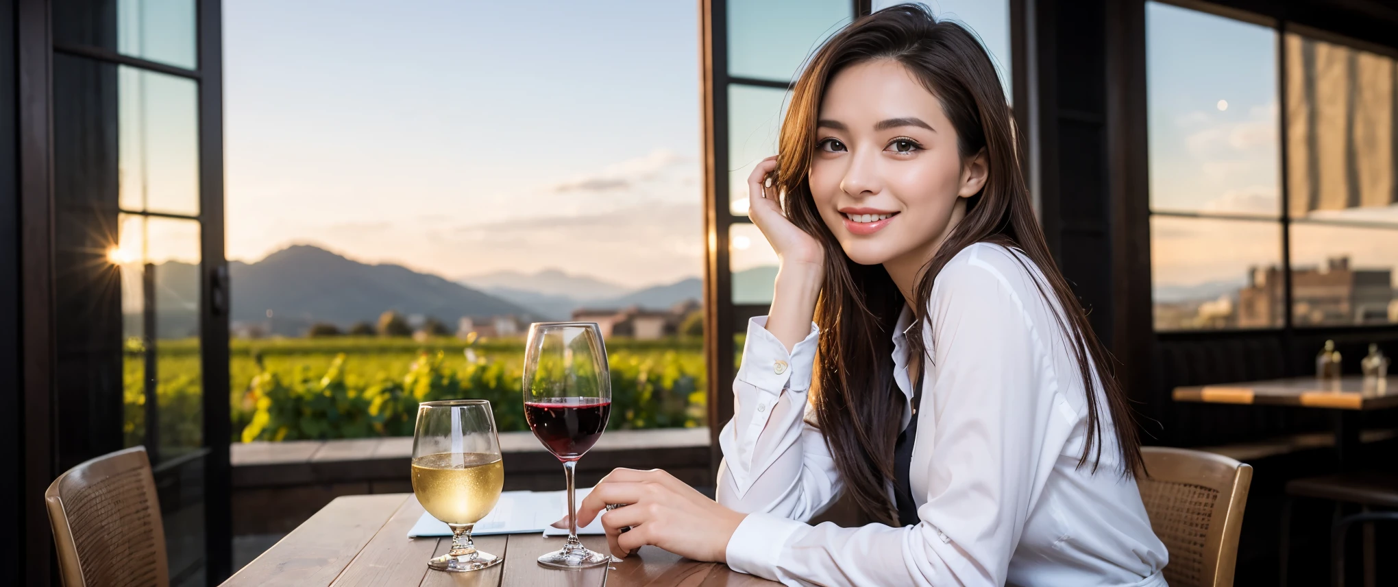 ((highest quality、8k、masterpiece:1.3))、1 male、1 female、Couple、spouse、Couple、Slim body、((Bob Hale、Straight hair:1.2)), (Realistic, Intricate details:1.2), Wine glass on the table、Shine light on your face、 Amazing view of the sunset sky and clouds、Amazing mountain views、A bright smile、The wonderfulness of smile、Bright image、The beauty of wine, Beautiful Face, blue eyes, The light shines on your face, Blushing, short hair,Bright Face、 (Age 37), 34 years old, red wine 、Appetizers、Italian food、Wine bottle、Champagne、sparkling wine、Two beauties、Brown Hair、Shortcuts、Long sleeve shirt、dress、Pretty Woman 1, (Slim face), (The body is slim), (Brown Hair), (Shortcuts), cheeks turn a little red,Attractive beauty、restaurant, In a prominent place (From the waist up) Nova Frog Style, actress, model, Upper Body, White wine, slim, wine glass, Wine glass placed in the center, smile, (smile: 1.15), Beautiful fine grain, Depth f/2,saturation, High Contrast, Strong light and shadow,Moist Body:1.5、3D texture、Delicate eyes、Brown Hair、The hair is very shiny、