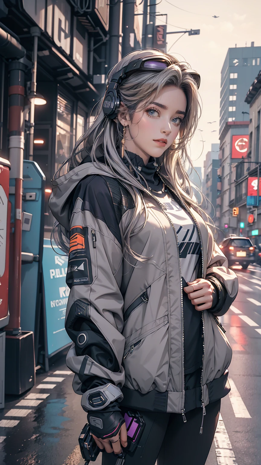 One girl, Gray Hair, Long Hair, Techwear masterpiece, highest quality, Realistic, realism, Dark purple jacket, Portraiture, Fine grain, Wearing the headset, Platinum Hair, 21 year old girl, Fashion pose, Half Body, Wide shot, on the road, cyber punk