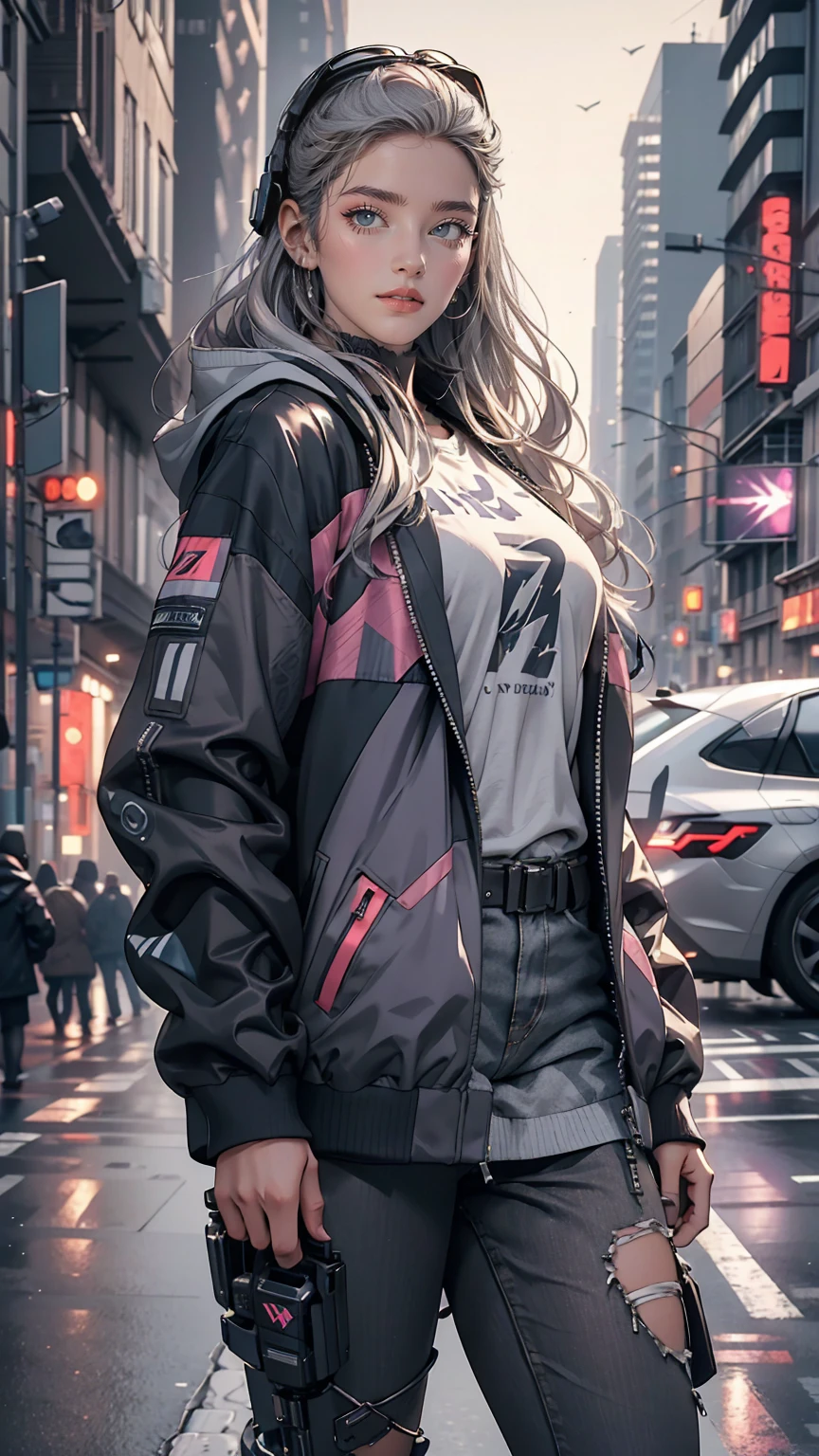 One girl, Gray Hair, Long Hair, Techwear masterpiece, highest quality, Realistic, realism, Dark purple jacket, Portraiture, Fine grain, Wearing the headset, Platinum Hair, 21 year old girl, Fashion pose, Half Body, Wide shot, on the road, cyber punk