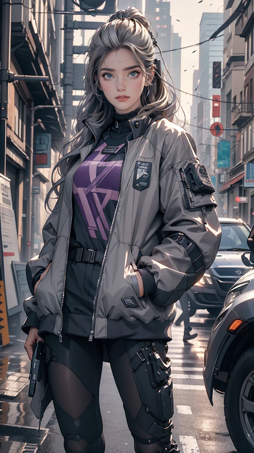 One girl, Gray Hair, Long Hair, Techwear masterpiece, highest quality, Realistic, realism, Dark purple jacket, Portraiture, Fine grain, Wearing the headset, Platinum Hair, 21 year old girl, Fashion pose, Half Body, Wide shot, on the road, cyber punk