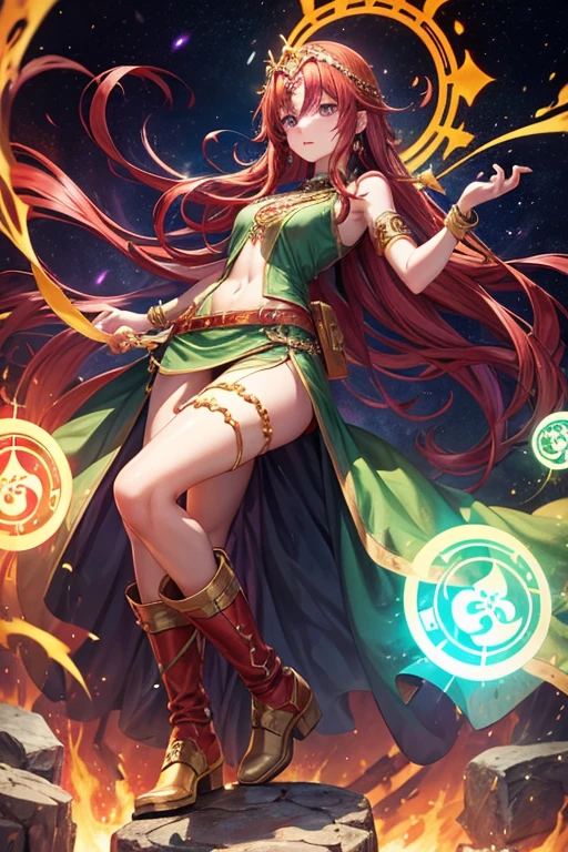 Woman about 30 years old, long red hair, long messy hair, purple eyes, djinn clothing, open sleeveless green vest, green vest with yellow Arabic print, golden Arabic pants, golden belt, djinn bracelet with gems, brown boots, brown boots, phosphorescent violet tattoos, surrounded by fire and violet smoke with magic circles with chains tied to hands and feet surrounded by white chains on a background of arabic ruins. with magic circles and a crown of fire on his head, slim build