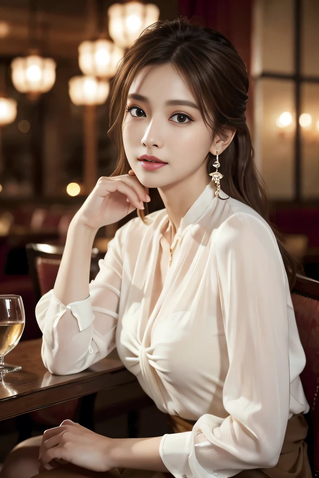 masterpiece, highest quality, Realistic, Very detailed, Finer details, High resolution, 8k wallpaper, One beautiful woman, Wear an elegant see-through blouse, In a great restaurant, At night, Light brown messy hair, Perfect dynamic composition, Beautiful and beautiful eyes、Big earrings、Sitting in a chair、