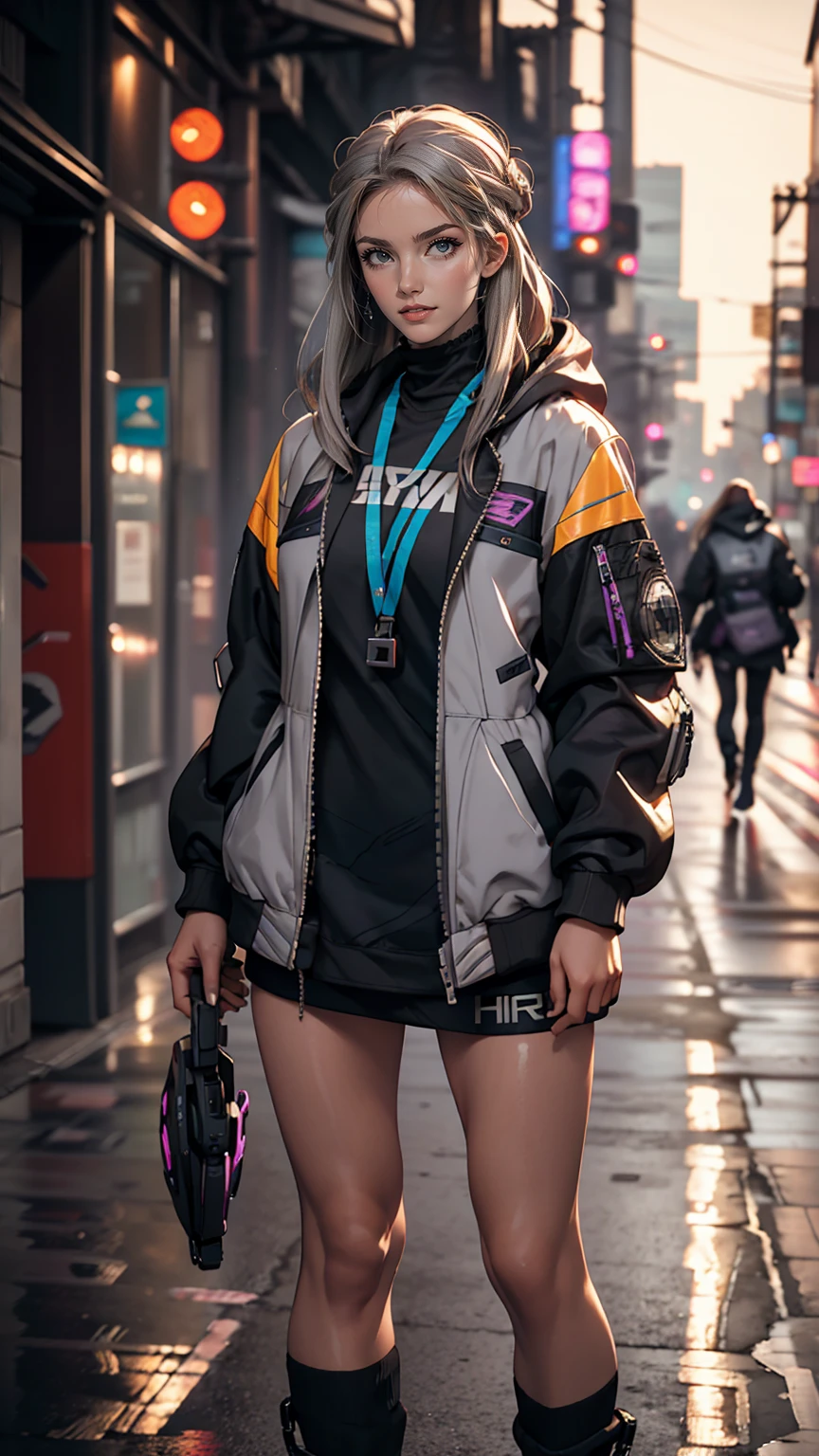 One girl, Gray Hair, Long Hair, Techwear masterpiece, highest quality, Realistic, realism, Dark purple jacket, Portraiture, Fine grain, Wearing the headset, Platinum Hair, 21 year old girl, Fashion pose, Half Body, Wide shot, on the road, cyber punk