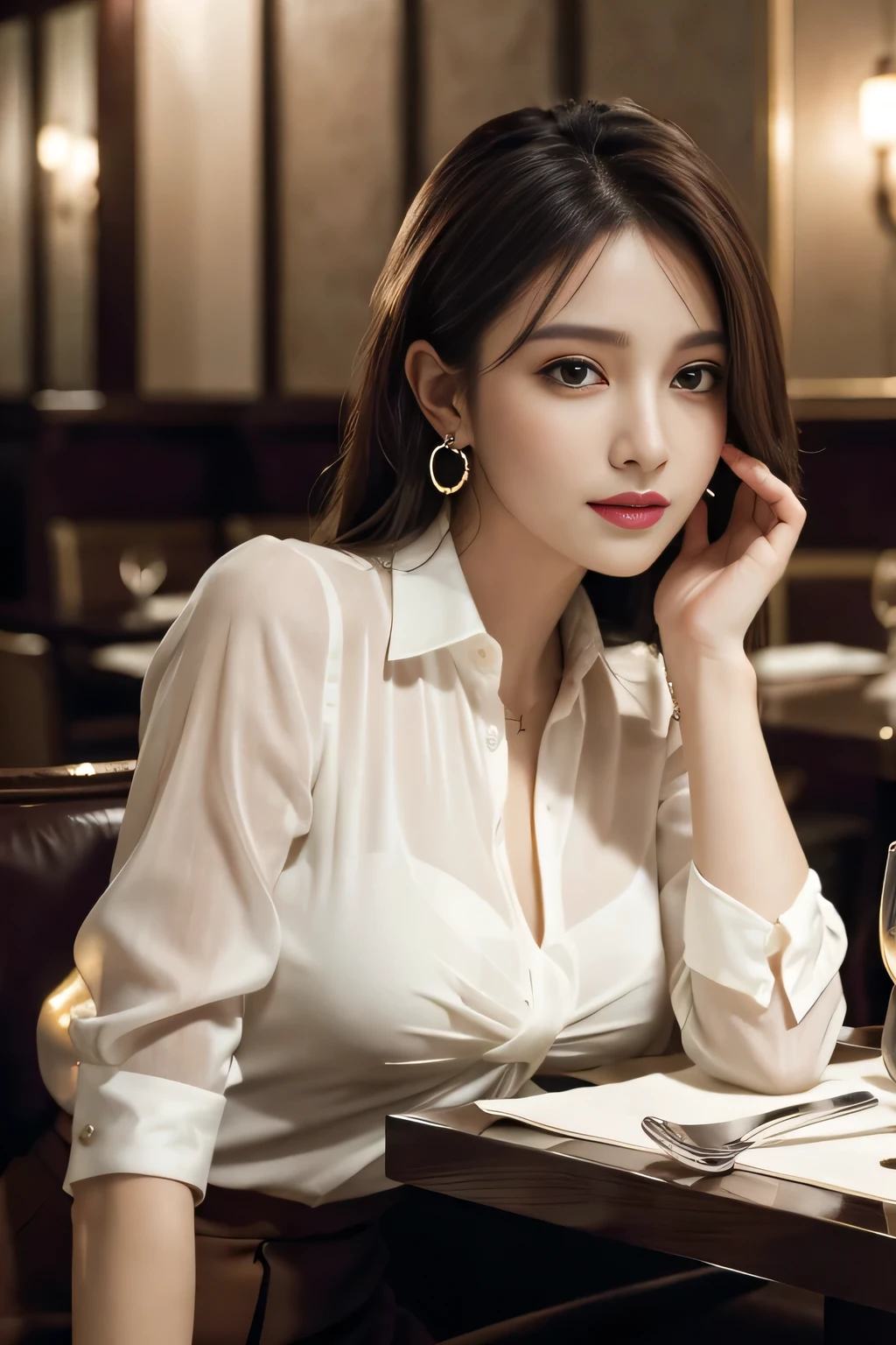 masterpiece, highest quality, Realistic, Very detailed, Finer details, High resolution, 8k wallpaper, One beautiful woman, Wear an elegant see-through blouse, In a great restaurant, At night, Light brown messy hair, Perfect dynamic composition, Beautiful and beautiful eyes、Big earrings、Sitting in a chair、