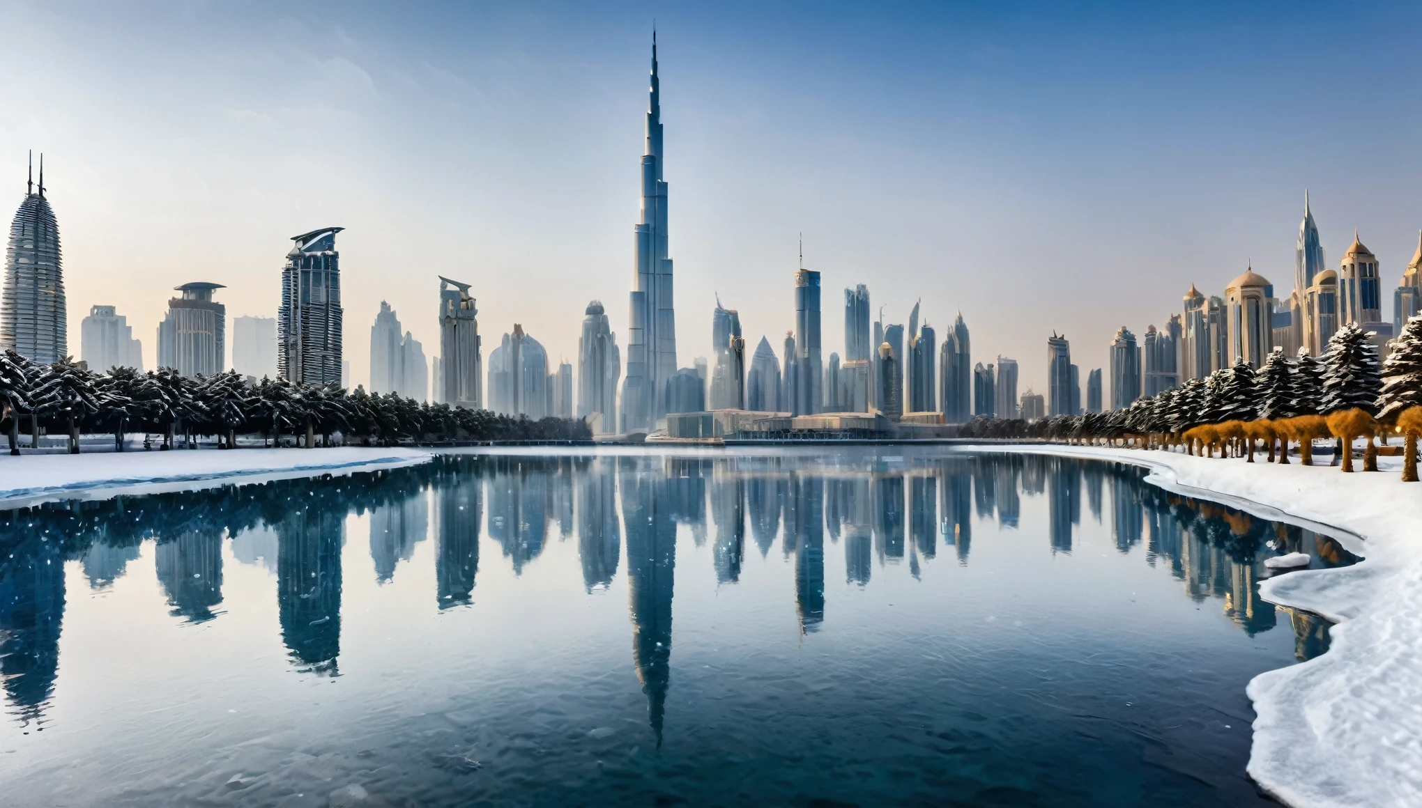 A photorealistic depiction of the Burj Khalifa and surrounding skyscrapers covered in snow, with a frozen body of water in the foreground.