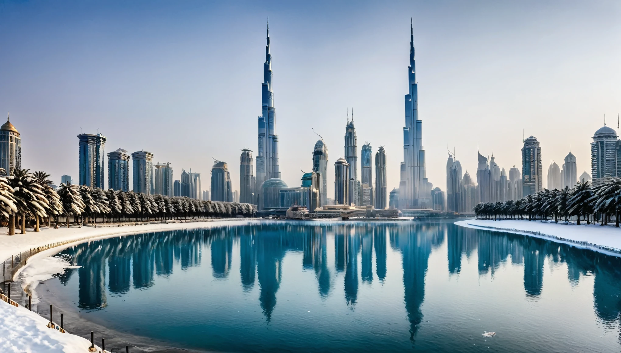 A photorealistic depiction of the Burj Khalifa and surrounding skyscrapers covered in snow, with a frozen body of water in the foreground.