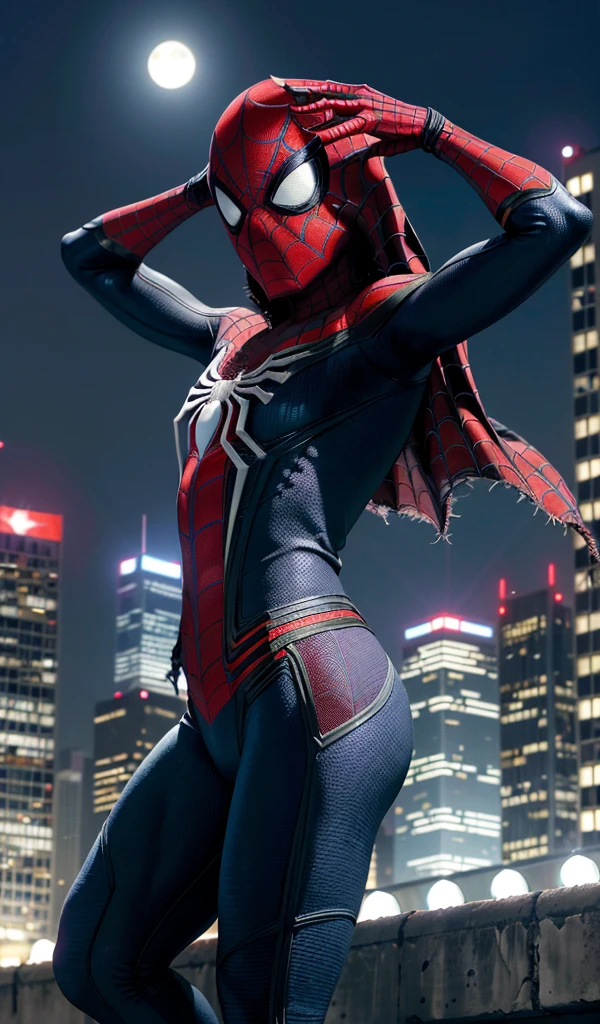(Obra maestra, 4k-resolution, ultra realista, muy detallada), (White superhero theme, carismatic, hay una chica en la parte superior de la ciudad, vestida con el disfraz de dark magician girl, is a superhero), [ ((20 year), (cabello largo y Rubio: 1.2), cuerpo completo, (ojos azules: 1.2), ((pose de Spider-Man), show of force, saltar de un edificio a otro), ((entorno urbano arenoso): 0.8)| (paisaje urbano, por la noche, dinamic lights), (luna llena))] # Explanation: The Prompt primarily describes an ultra-high-definition 4K painting, muy realista, muy detallada. It shows a superheroine at the top of the city, vestida con un disfraz de dark magician girl. The theme in the painting is a white superhero theme, la protagonista femenina tiene el pelo largo y Rubio, He is 20 years old and his whole body is shown in the painting. In terms of portraying the actions of female superheroes, se emplean magias. Dark magician girl sexy super hero,