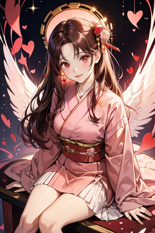 Ms. Kingyo has red eyes and short, dark brown hair with thick fluffy forelocks and bangs, accessorized with a large red ribbon. She wears a light red kimono-like outfit with pink wings and a pale pink skirt adorned with hearts. She sits in a translucent fish bowl with a dark pink rim, filled with water. SPARKLE; GLITTER
