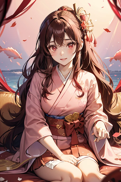 Ms. Kingyo has red eyes and short, dark brown hair with thick fluffy forelocks and bangs, accessorized with a large red ribbon. She wears a light red kimono-like outfit with pink wings and a pale pink skirt adorned with hearts. She sits in a translucent fish bowl with a dark pink rim, filled with water. SPARKLE; GLITTER
