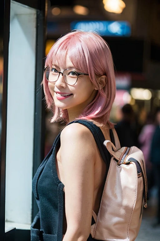 (nude :1.45),(Pink Hair :1.3),(8k、Raw photo、highest quality、masterpiece:1.2)、(Realistic、Photorealistic:1.37)、Ultra-detailed、超A high resolution、1 girl、Seeing the viewer、Beautifully detailed face、A smile with slightly visible teeth、narrow、(Slim waist) :1.3)、((Pastel colored clothes))、Beautifully detailed skin、Skin Texture、Floating Hair、((Long-haired))、Shapely large breasts、Professional Lighting、In front of the station at noon、((Black square glasses))、Human whole body、Black Hair、((Have a small rucksack))、