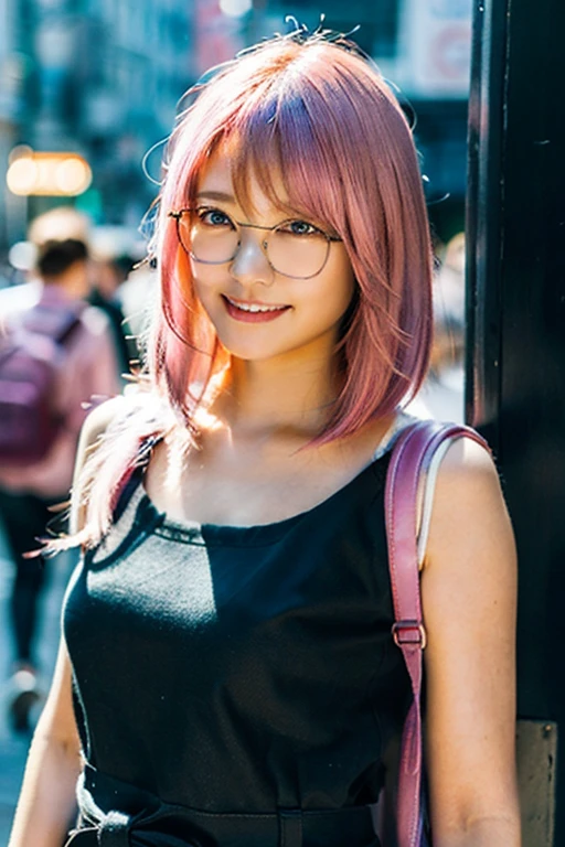 (nude :1.45),(Pink Hair :1.3),(8k、Raw photo、highest quality、masterpiece:1.2)、(Realistic、Photorealistic:1.37)、Ultra-detailed、超A high resolution、1 girl、Seeing the viewer、Beautifully detailed face、A smile with slightly visible teeth、narrow、(Slim waist) :1.3)、((Pastel colored clothes))、Beautifully detailed skin、Skin Texture、Floating Hair、((Long-haired))、Shapely large breasts、Professional Lighting、In front of the station at noon、((Black square glasses))、Human whole body、Black Hair、((Have a small rucksack))、