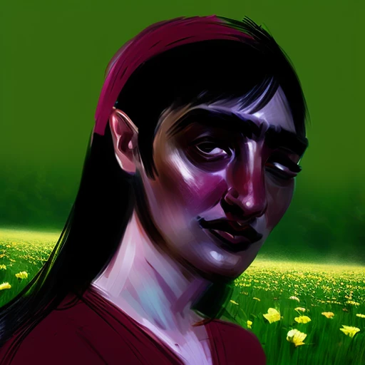 beautiful princess, highly detailed, brushstrokes, girl eating apple in field of roses, red, black, white, long black hair, bangs, unibrow, thick eyebrows, freckles, big nose, aquiline nose, hairband, dress, stripes, big ears, girl, rosy cheeks, red lips, stallintheunicow
