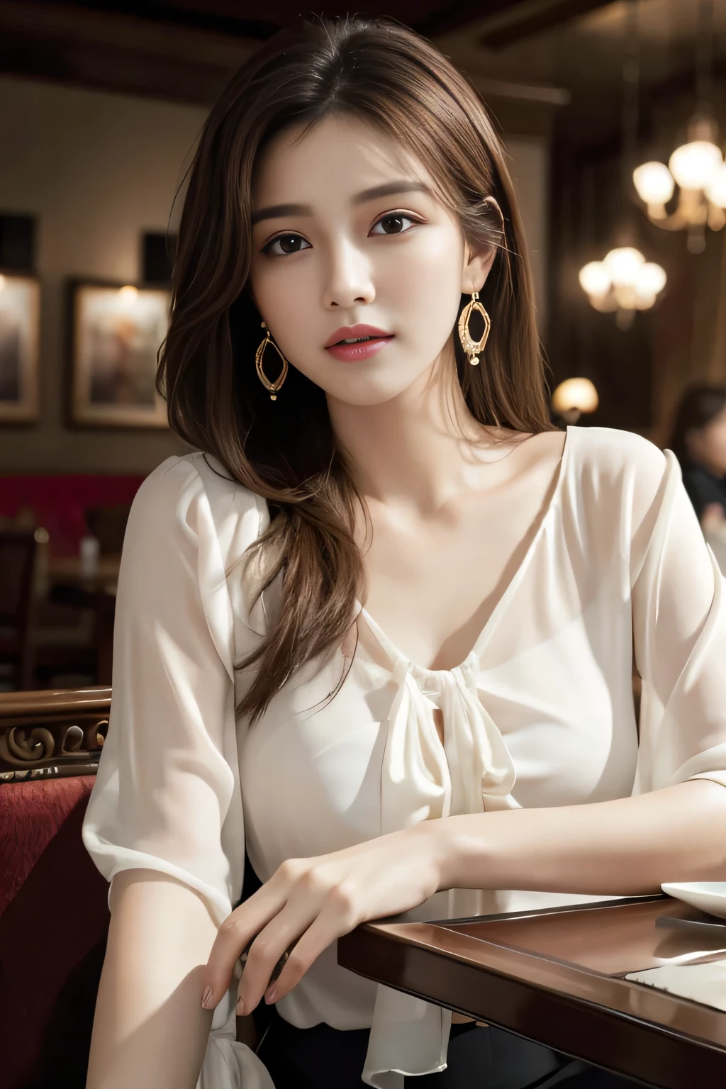 masterpiece, highest quality, Realistic, Very detailed, Finer details, High resolution, 8k wallpaper, One beautiful woman, Wear an elegant see-through blouse, In a great restaurant, At night, Light brown messy hair, Perfect dynamic composition, Beautiful and beautiful eyes、Big earrings、Sitting in a chair、