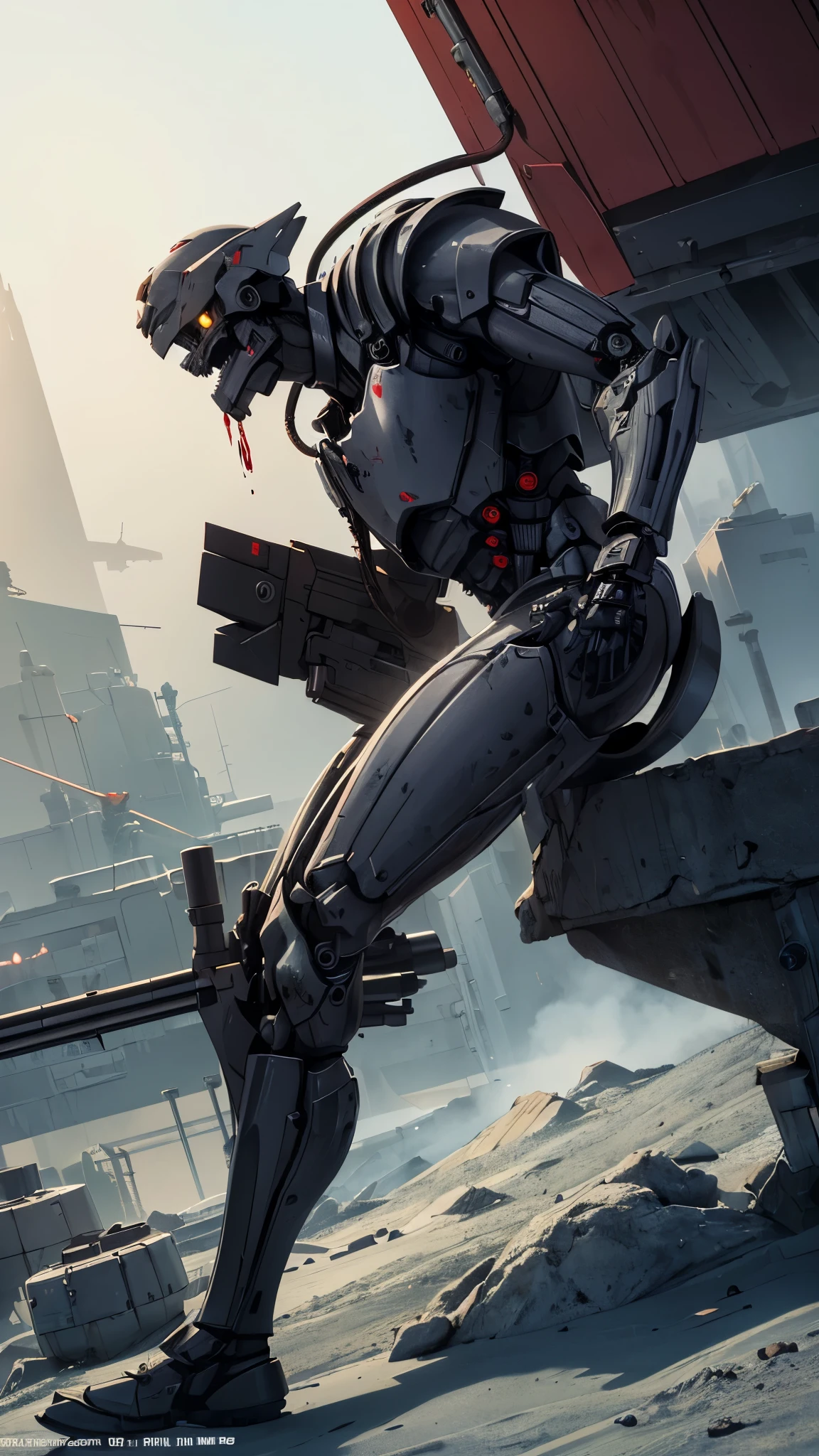 ((8K resolution))、((highest quality))、((masterpiece))、((Very detailed))((((dramatic))), (Anatomically correct)、The depth of the object to write、Looking at the camera、front、(Mechanical bones格、Mechanical boneechanical Cervical Vertebra、Heavy Armor、lipstick、Spit sludge from the mouth、Bloody)、spooky、an ominous、((theme、whole body:1.1)), SF、rifle、Missile Pod、minigun、Biomechanics、Design、background:Maintenance Dock