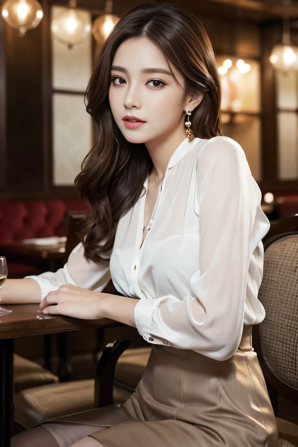 masterpiece, highest quality, Realistic, Very detailed, Finer details, High resolution, 8k wallpaper, One beautiful woman, Wear an elegant see-through blouse, In a great restaurant, At night, Light brown messy hair, Perfect dynamic composition, Beautiful and beautiful eyes、Big earrings、Sitting in a chair、