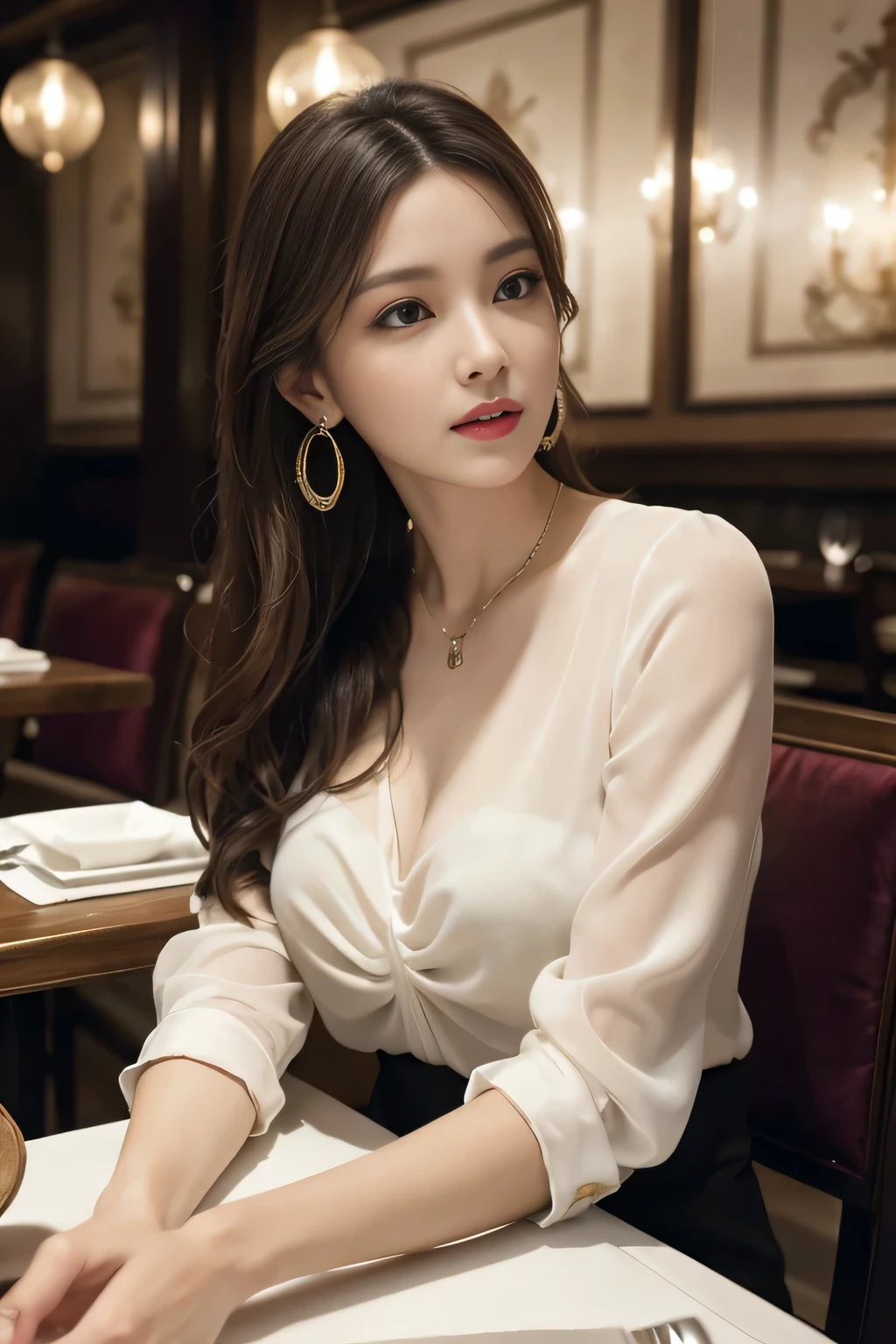 masterpiece, highest quality, Realistic, Very detailed, Finer details, High resolution, 8k wallpaper, One beautiful woman, Wear an elegant see-through blouse, In a great restaurant, At night, Light brown messy hair, Perfect dynamic composition, Beautiful and beautiful eyes、Big earrings、Sitting in a chair、