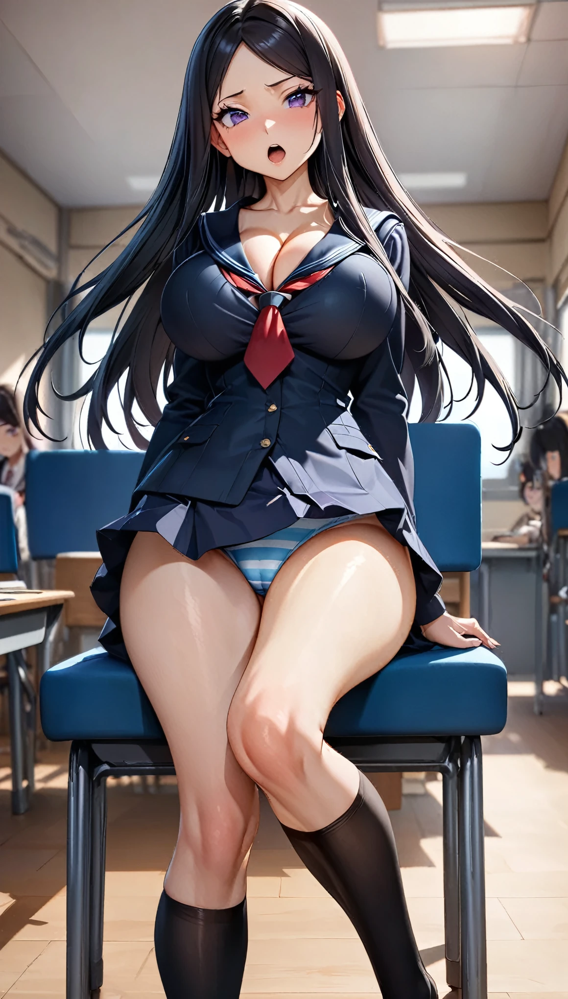 (cute eyes), (8K、Best image quality、highest quality、masterpiece)、Detailed face、Improve、(Black Hair, Purple Eyes, long hair)、(open mouth), (skinny body),(huge breasts), (school uniform),(Light blue striped underwear), (cleavage), Sit on a chair, Classroom Background, (black stockings), (Thighs), (Waistline)