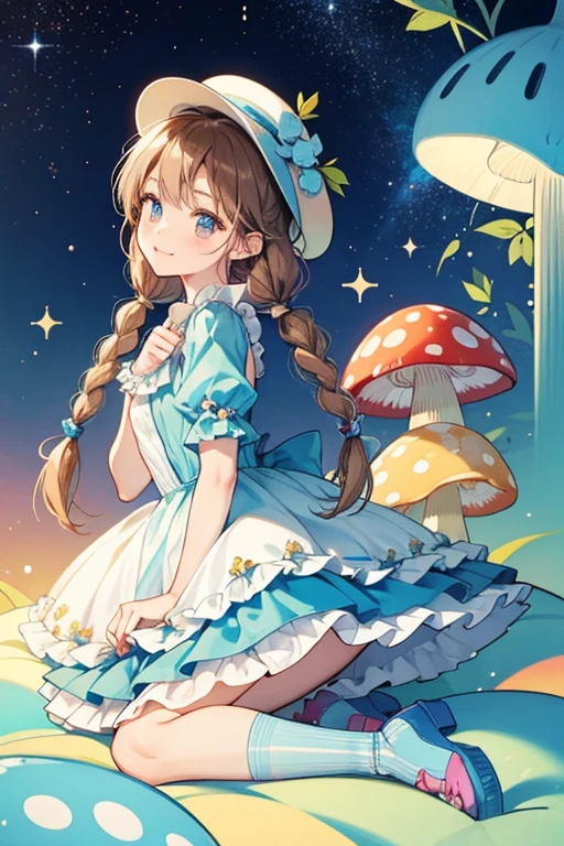 Noko has fair skin with caramel eyes and pale brown hair neatly worn in two, low hanging braided pigtails. Her mushroom cap is light blue with dots and stripes of pale blue. Her wings are pale blue.
Noko wears a pale melon dress with frills and a line of pale yellow. Her blue key rests on her chest. She also wears peach shoes and short frilly socks. SPARKLE; GLITTER