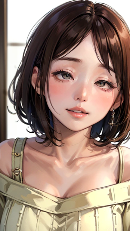 (Top quality masterpiece:1.2) Delicate illustrations, Very detailed, /Beautiful Japanese Women、1 person,Very cute and slim、Great style 、((8k images、super high quality))、Very delicate face, beautifule forehead、Large Breasts、Bright red lipstick,(((((Mid-length hair、Light brown hair、Blonde Hair))))),very cute、Kind eyes,((((Off-the-shoulder sweater))))