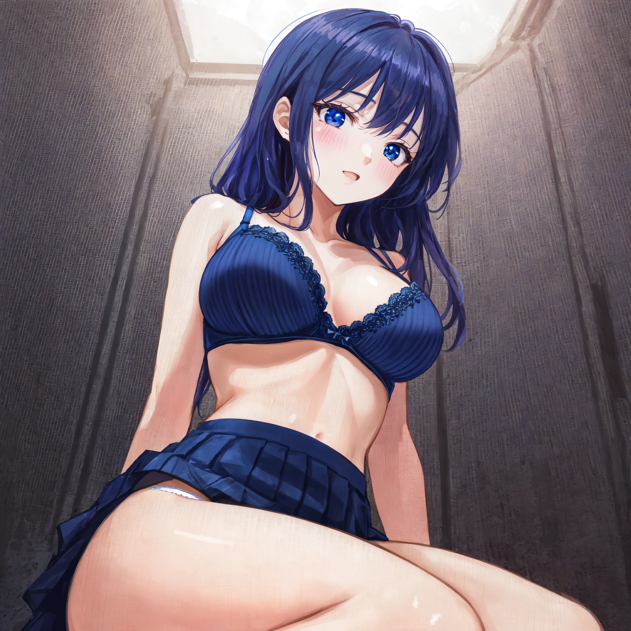 Changing clothes,Skirt down,Sit on the ground,blush,Photorealistic 1;4,{{inwardly curled dark blue hair}},From Below,{{Beautiful large and medium sized breasts 1:4}},high quality panties,High quality bra,Locker in the back,{{high school girl}},Black pleated skirt,highest quality,From Below,{{Beautiful ass}},pretty girl,brush,High-quality backgrounds,Slanted Eyes,Detailed shirt chest wrinkles,{{{high school girl}}},BREAK,{{beautiful blue eye1:4}},BREAK,Five fingers