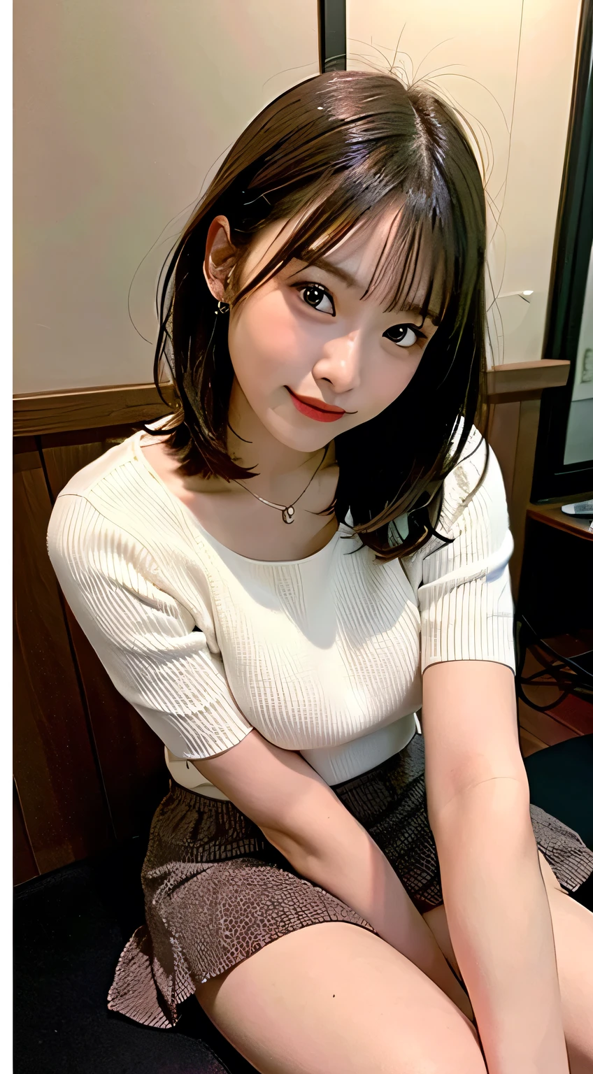 (8k, RAW Photos:1.2),Detailed face and eyes,最high quality, 超A high resolution, Very detailed ,Intricate details ,Tabletop ,pretty girl , Soft cinematic light, Hyper Detail,Sharp focus, high quality,Brown hair, Bobcut, outside, knit, mini skirt, panties, Peeking from below