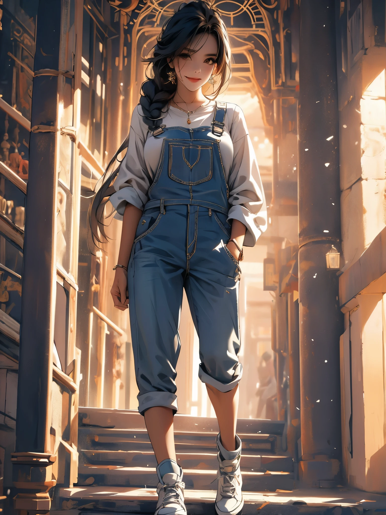 1 garota, full body, tenis branco, cabelo ruivo curto, copos, sardas, Overalls, sorridente,