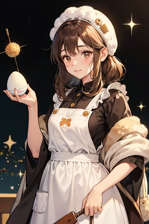She is a brown fuzzy creature with brown fur and brown stubby limbs. Her eyes are round and small and with visible cheek marks. She wearing an apron with "Omatsu" on it as her only apparel and she is always seen carrying an egg beater or a ladle with her. SPARKLE; GLITTER