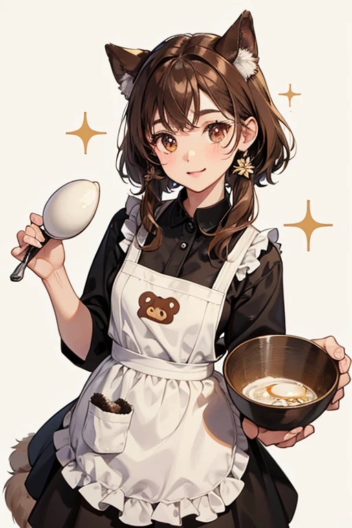 She is a brown fuzzy creature with brown fur and brown stubby limbs. Her eyes are round and small and with visible cheek marks. She wearing an apron with "Omatsu" on it as her only apparel and she is always seen carrying an egg beater or a ladle with her. SPARKLE; GLITTER