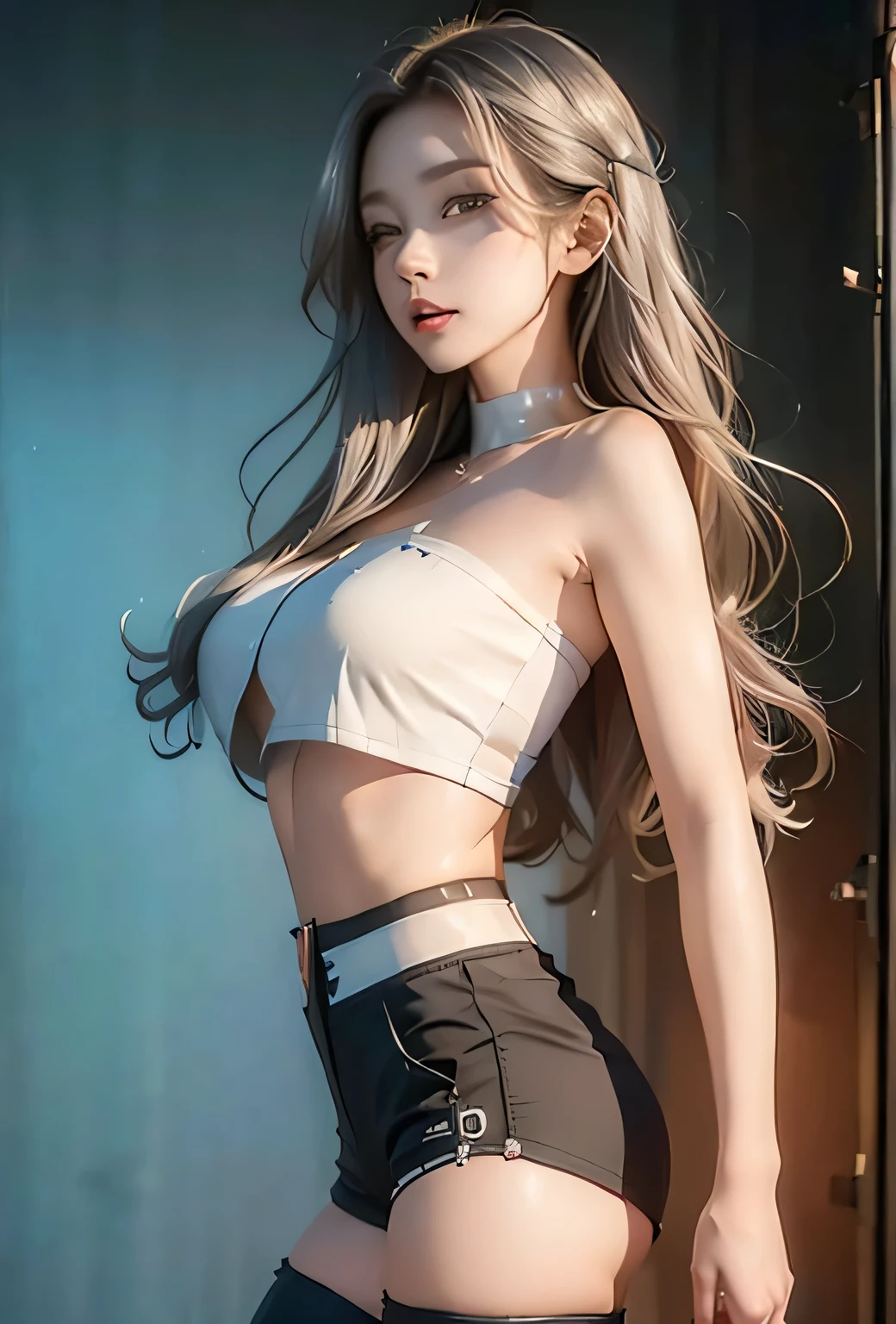 8K, masutepiece, Raw photo, Best Quality, Photorealistic, Highly detailed CG Unity 8K wallpaper, depth of fields, Cinematic Light, Lens Flare, Ray tracing, (Extremely beautiful face, Beautiful lips, Beautiful eyes), intricate detail face, ((Ultra detailed skin)) 1girll, In the Dark, deepshadow, Pretty Korean girl, Kpop Idol, 1 girl, (very slim and slender muscular body:1.3), ((view the viewer)),(Big smile:1.3), (Tight lace-up blouse), (PINK SHIRT), (Sleeveless) , (Fashion Night, a dark night, (Neon Light Sign), (Blurred background), Fashion Street Night),(No one is in the background:1.3), Beautiful earrings, bangle, Necklace, pantyhose, Clear eyes, (pale skin), (Big eyes), Face forward, ((upperbody shot)), ((Silk White Yoga Pants:1.3)),(Green hairs),((Skinny Silk Yoga Pants)), (Big Assa)，(view the viewer:1.3) opened breast, Very slim, medium breasts, turn back, Back shot, , Underwear