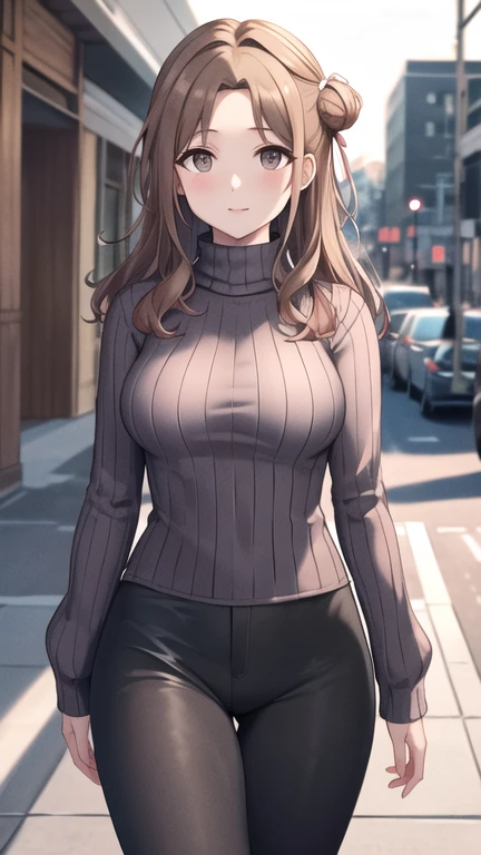 masterpiece, best quality, highres, Ichikawa Hinana, long hair, single side bun, hair ribbon, cowboy shot, walking, street, turtleneck, virgin killer sweater, ribbed sweater, long sleeves,