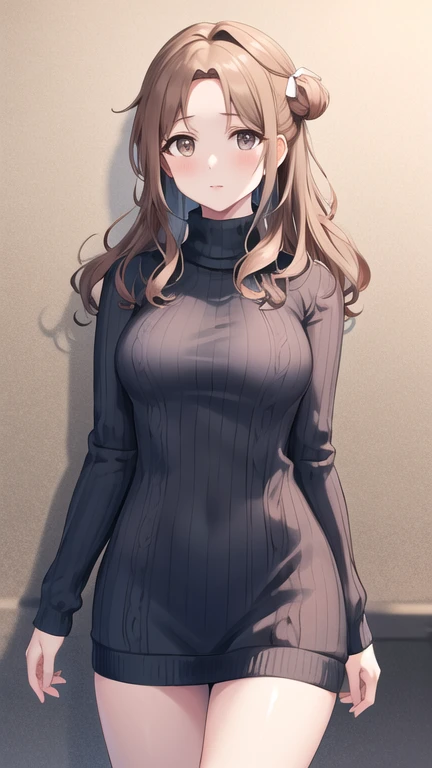 masterpiece, best quality, highres, Ichikawa Hinana, long hair, single side bun, hair ribbon, cowboy shot, walking, street, turtleneck, virgin killer sweater, ribbed sweater, long sleeves,