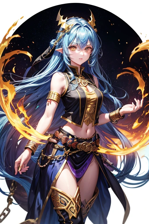 Woman about 30 years old, long blue hair, long messy hair, yellow eyes, djinn clothing, open black sleeveless vest, black vest with yellow Arabic print, blue Arabic pants, gold belt, djinn bracelet with gems, brown boots, brown boots, phosphorescent violet tattoos, surrounded by fire and violet smoke with magic circles with chains tied to hands and feet surrounded by white chains on a background of Arabian ruins. with magic circles and a crown of fire on his head, slim build