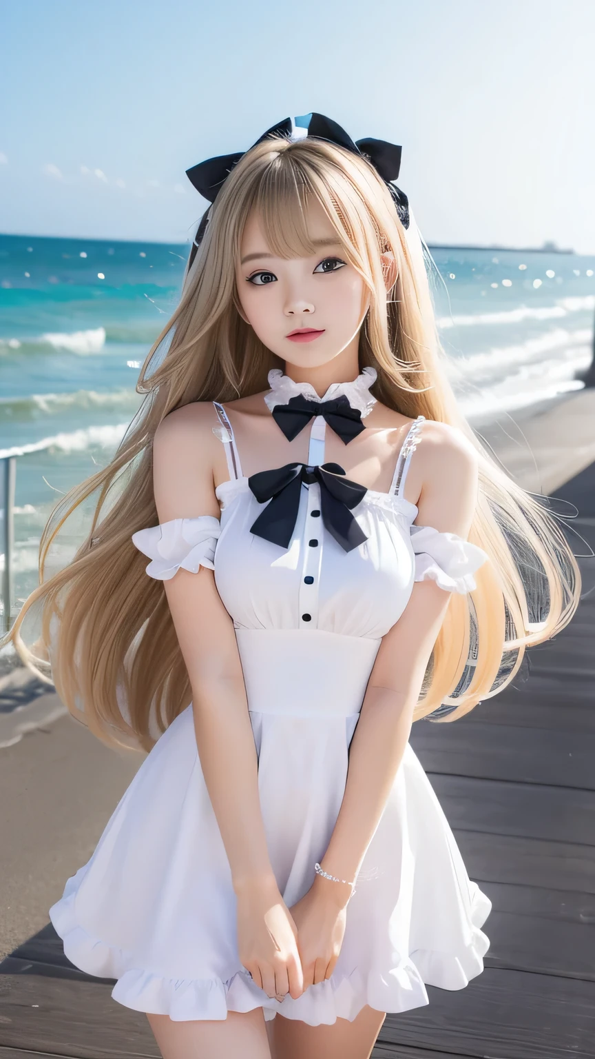 Sexy Big 、A cute 15-year-old girl with a sexy and cute look, beautiful and sexy face、A strong wind blows my hair in front of my face、With straight blonde hair、beautiful, Cute and sexy eyes hidden behind long bangs、Sexy maid outfit、Cute ribbon