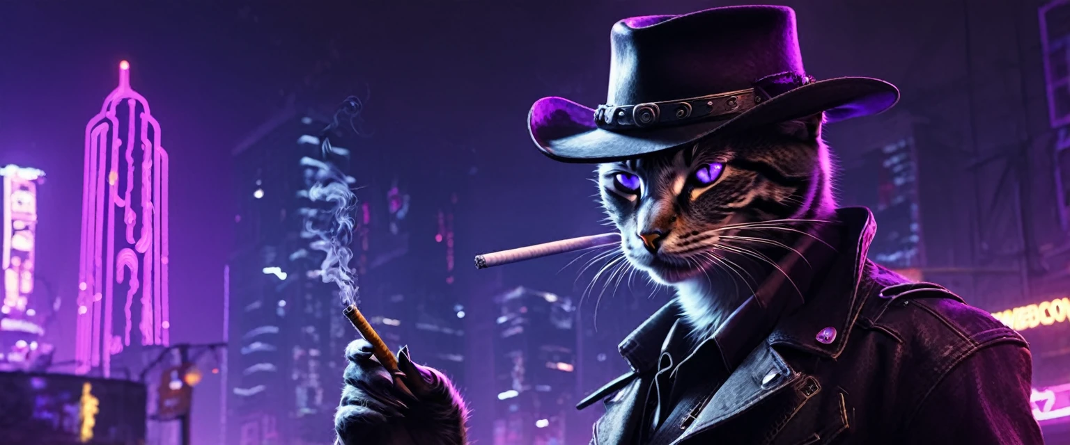 Anthropomorphic Cat with purple eyes wearing stetson cowboy hat smoking a cigarette in a cyberpunk city at night