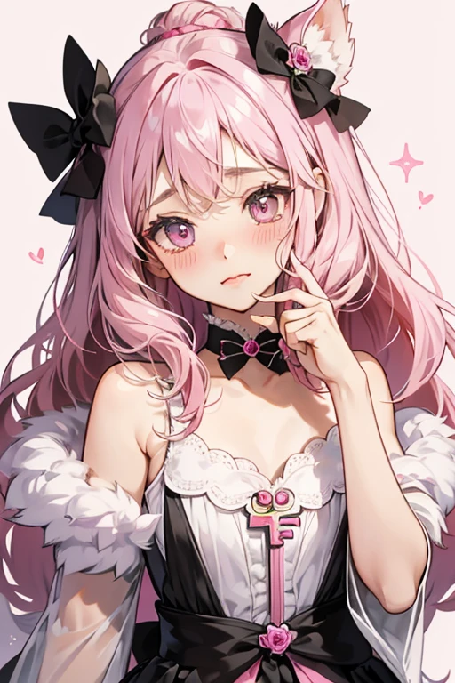 Powalisa is a pink fluffy dog-like Fairilu with small pink wings to match her key, which is bone-shaped. She has girl-style black eyes, nose, and blushed cheeks. On the right side of her head is a black gray bow with a red rose. PARKLE; GLITTER