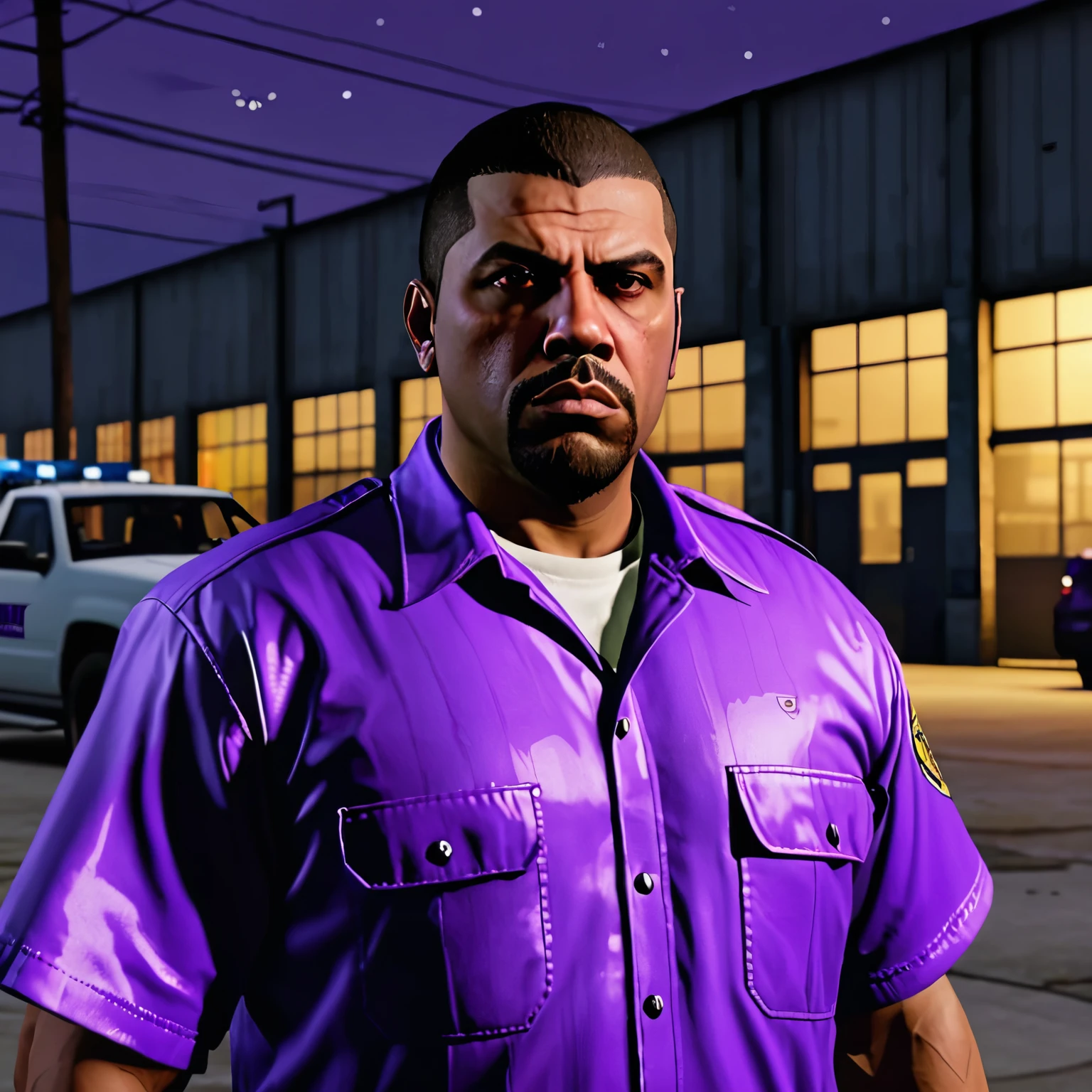 A very serious and dangerous gangster security guard dressed in purple keeping watch, outside a warehouse , It's night  ,style grand theft auto, portairt HD
