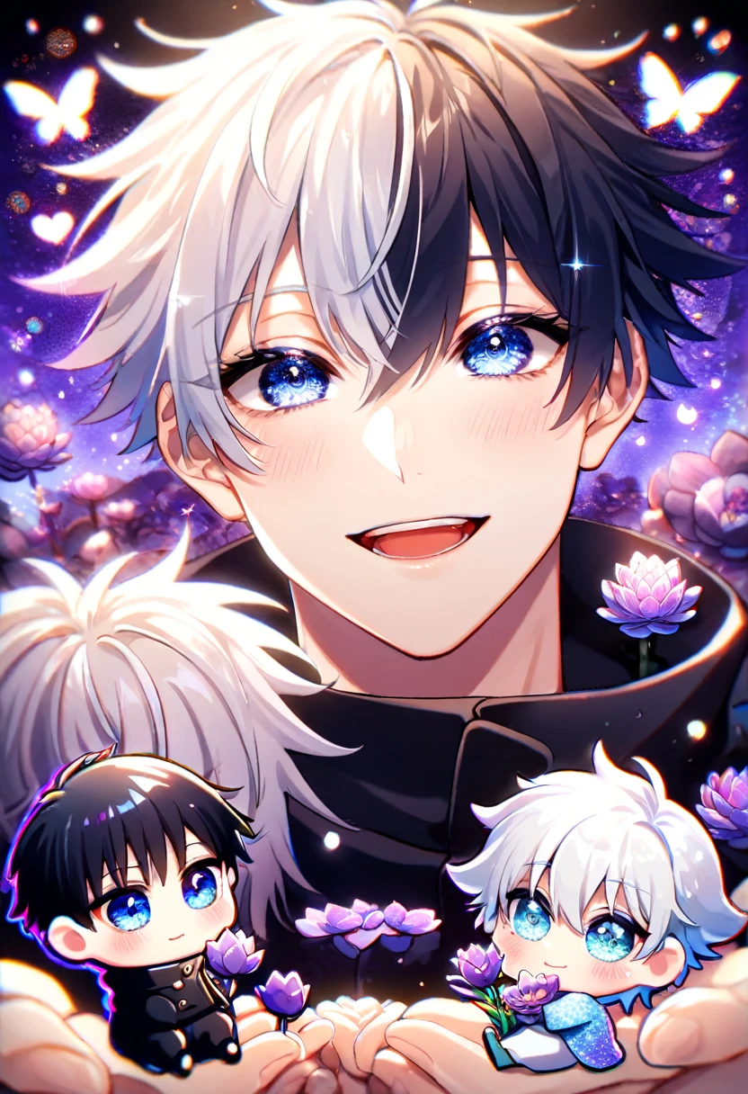 Ultra detailed, HDR, Highres, absurdres, master piece, Gojo Satoru chibi, white hair with bangs, expressive blue eyes, white eyelashes, hair between the eyes, black clothes, Jujutsu Kaisen, Fushiguro Megumi chibi, black hair, purple glittering butterflies, petals, purple lotus, cute, magical, two men hugging, gay couple, extremely detailed face and eyes, glittering, fantasy, love, purple background, perfect face, best quality, happy, yaoi