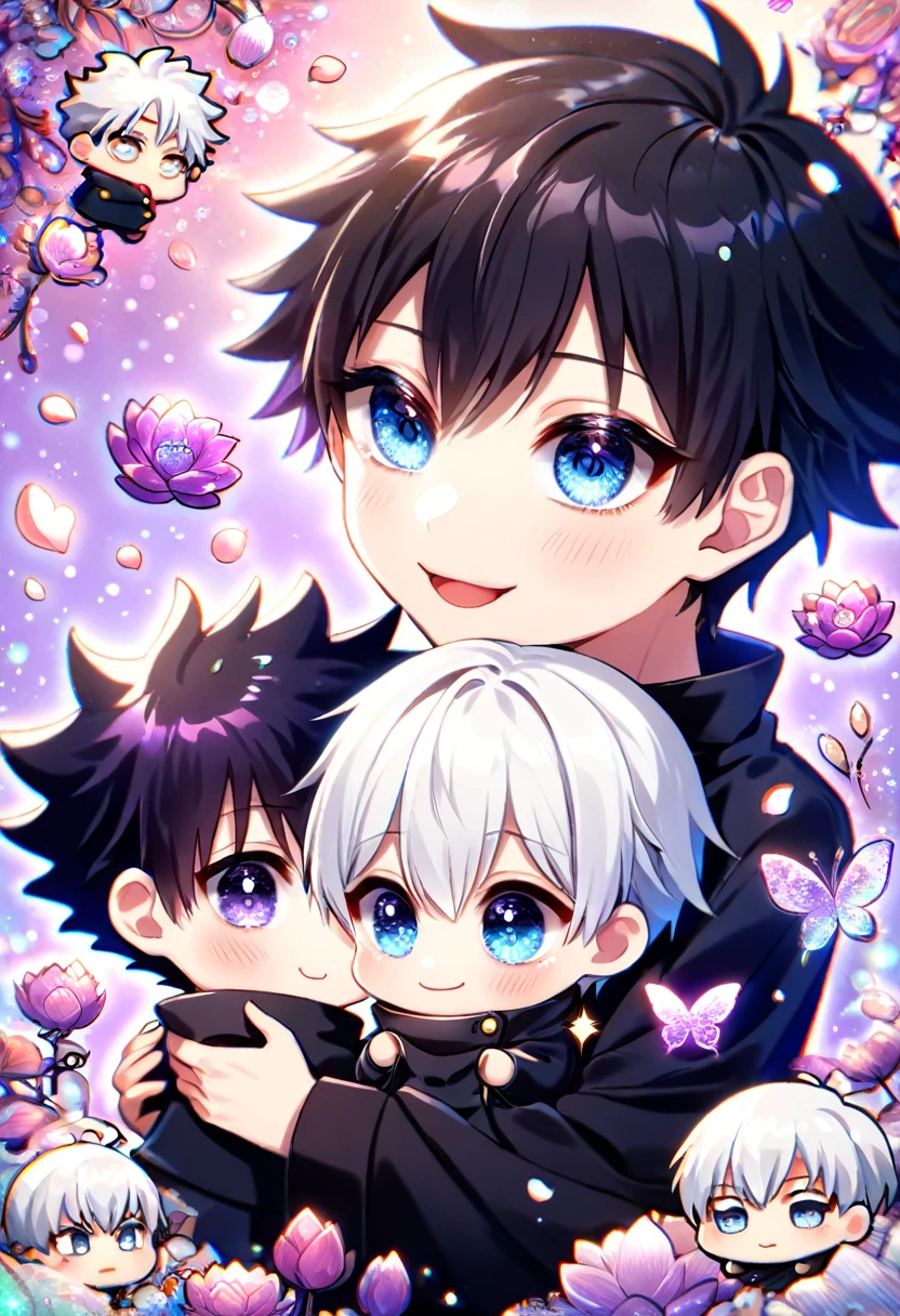 Ultra detailed, HDR, Highres, absurdres, master piece, Gojo Satoru chibi, white hair with bangs, expressive blue eyes, white eyelashes, hair between the eyes, black clothes, Jujutsu Kaisen, Fushiguro Megumi chibi, black hair, purple glittering butterflies, petals, purple lotus, cute, magical, two men hugging, gay couple, extremely detailed face and eyes, glittering, fantasy, love, purple background, perfect face, best quality, happy, yaoi