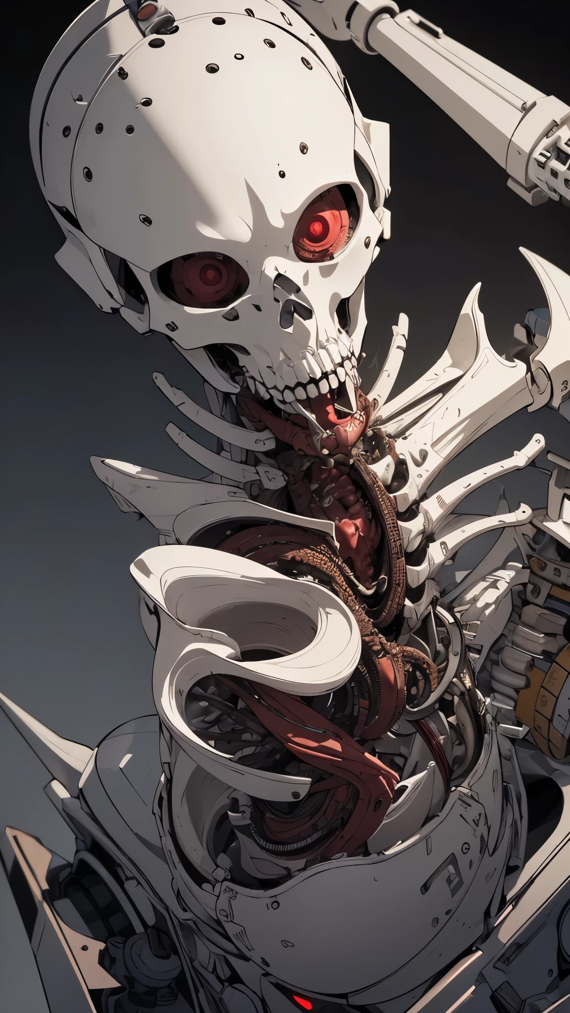 ((8K resolution))、((highest quality))、((masterpiece))、((Very detailed))((((dramatic))), (Anatomically correct)、The depth of the object to write、Looking at the camera、front、(Mechanical bones格、Mechanical boneechanical Cervical Vertebra、lipstick、Spit sludge from the mouth、Bloody)、spooky、an  ominous、((theme、whole body:1.1)), SF、Biomechanics、Design、background:Maintenance Dock