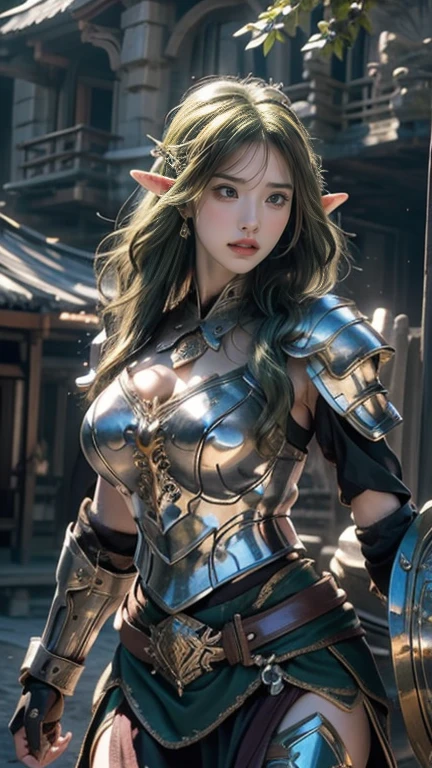 (((masterpiece))),(((Elven Warrior))),The best quality in the best condition,High resolution,8k,(masterpiece:1.2), (highest quality:1.2), Perfect Eyes, Perfect Face, Volumetric lighting, One Woman, mature female warrior, Mature Woman, armor, Robe, Shoulder rest, club, belt, Fantasy, Outdoor, Detailed Background, Compensate, lipstick, eye shadow, mascara, Thick eyelashes、Bust Shot、smile、smile、whole body、Long skirt、(((Berserker))),((Delicate hands gripping a sword)),breastplate,((Big eyes)),((Big Tits)).((Curved waist))((Green Hair)),Westerners、