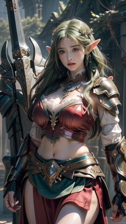 (((masterpiece))),(((Elven Warrior))),The best quality in the best condition,High resolution,8k,(masterpiece:1.2), (highest quality:1.2), Perfect Eyes, Perfect Face, Volumetric lighting, One Woman, mature female warrior, Mature Woman, armor, Robe, Shoulder rest, club, belt, Fantasy, Outdoor, Detailed Background, Compensate, lipstick, eye shadow, mascara, Thick eyelashes、Bust Shot、smile、smile、whole body、Long skirt、(((Berserker))),((Delicate hands gripping a sword)),breastplate,((Big eyes)),((Big Tits)).((Curved waist))((Green Hair)),Westerners、