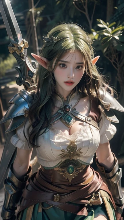 (((masterpiece))),(((Elven Warrior))),The best quality in the best condition,High resolution,8k,(masterpiece:1.2), (highest quality:1.2), Perfect Eyes, Perfect Face, Volumetric lighting, One Woman, mature female warrior, Mature Woman, armor, Robe, Shoulder rest, club, belt, Fantasy, Outdoor, Detailed Background, Compensate, lipstick, eye shadow, mascara, Thick eyelashes、Bust Shot、smile、smile、whole body、Long skirt、(((Berserker))),((Delicate hands gripping a sword)),breastplate,((Big eyes)),((Big Tits)).((Curved waist))((Green Hair)),Westerners、