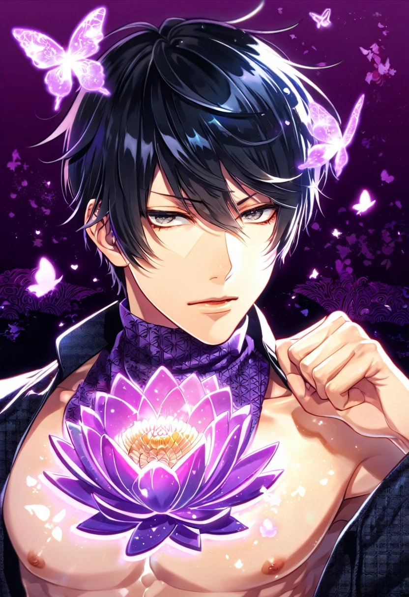 absurdres, highres, ultra detailed, HDR, master piece, best quality, Hibari Kyouya, black hair, expressive gray eyes, katekyo hitman reborn!, solo, handsome, sexy man, toned chest, black jacket, purple shirt, patterns, magical, fantasy, purple background, purple lotus, shining, purple petals, purple sparkling butterflies, purple water