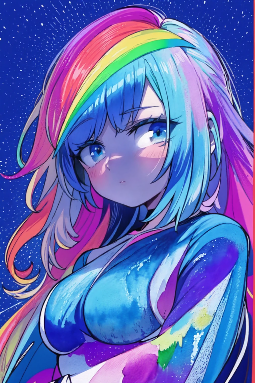(Obra de arte, maximum quality, melhor qualidade,Watercolor (average),arte oficial, beautiful and aesthetic:1.2),(1 garota:1.3), (arte fractal:1.3),tronco, de lado, olhando para o espectador,standards,(rainbow colored hair,Colorida hair,cabelo meio azul e meio rosa:1.2),Water,liquid, nuvem,Colorida, estrelado,estrelas,