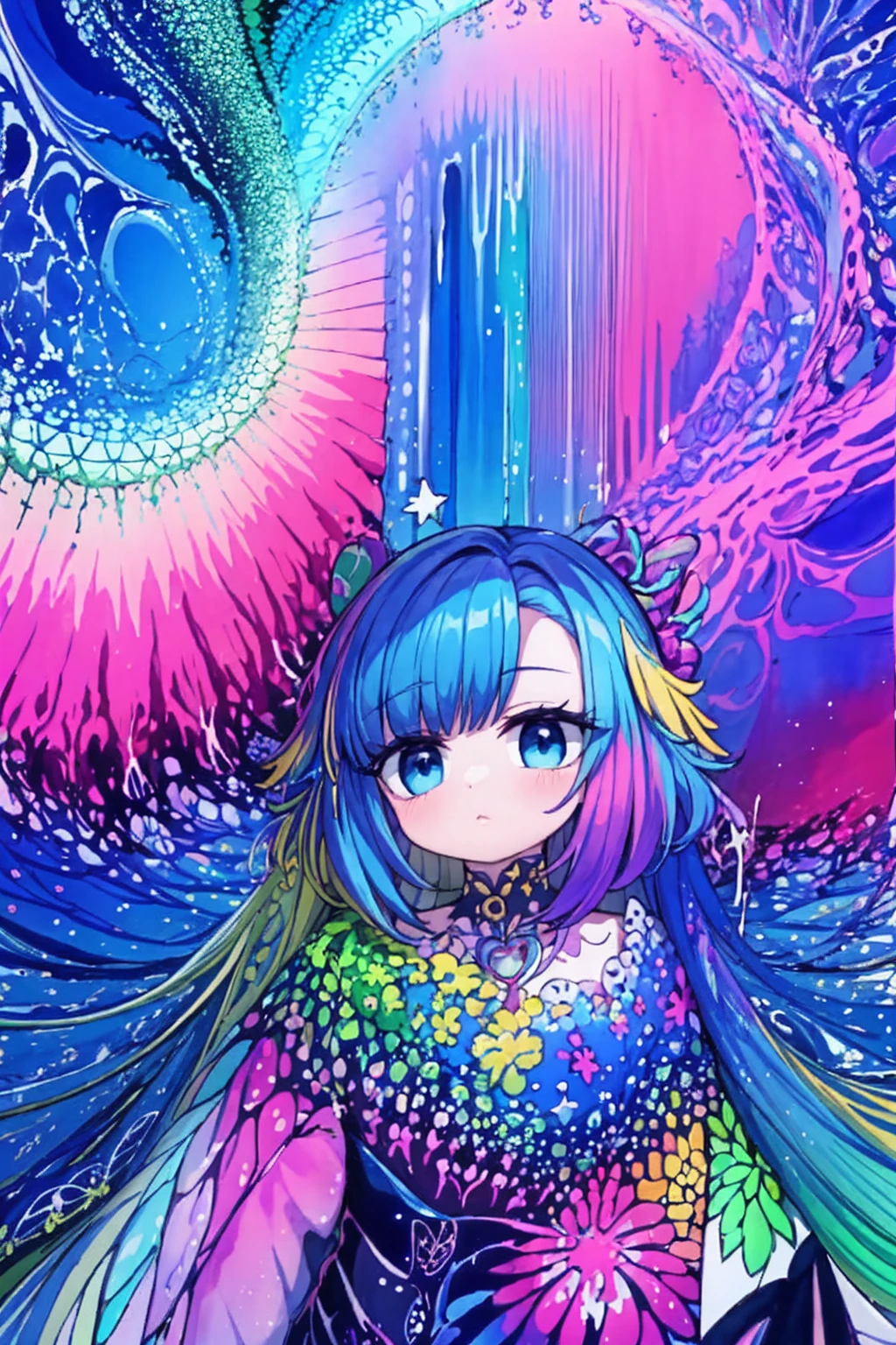 (Obra de arte, maximum quality, melhor qualidade,Watercolor (average),arte oficial, beautiful and aesthetic:1.2),(1 garota:1.3), (arte fractal:1.3),tronco, de lado, olhando para o espectador,standards,(rainbow colored hair,Colorida hair,cabelo meio azul e meio rosa:1.2),Water,liquid, nuvem,Colorida, estrelado,estrelas,