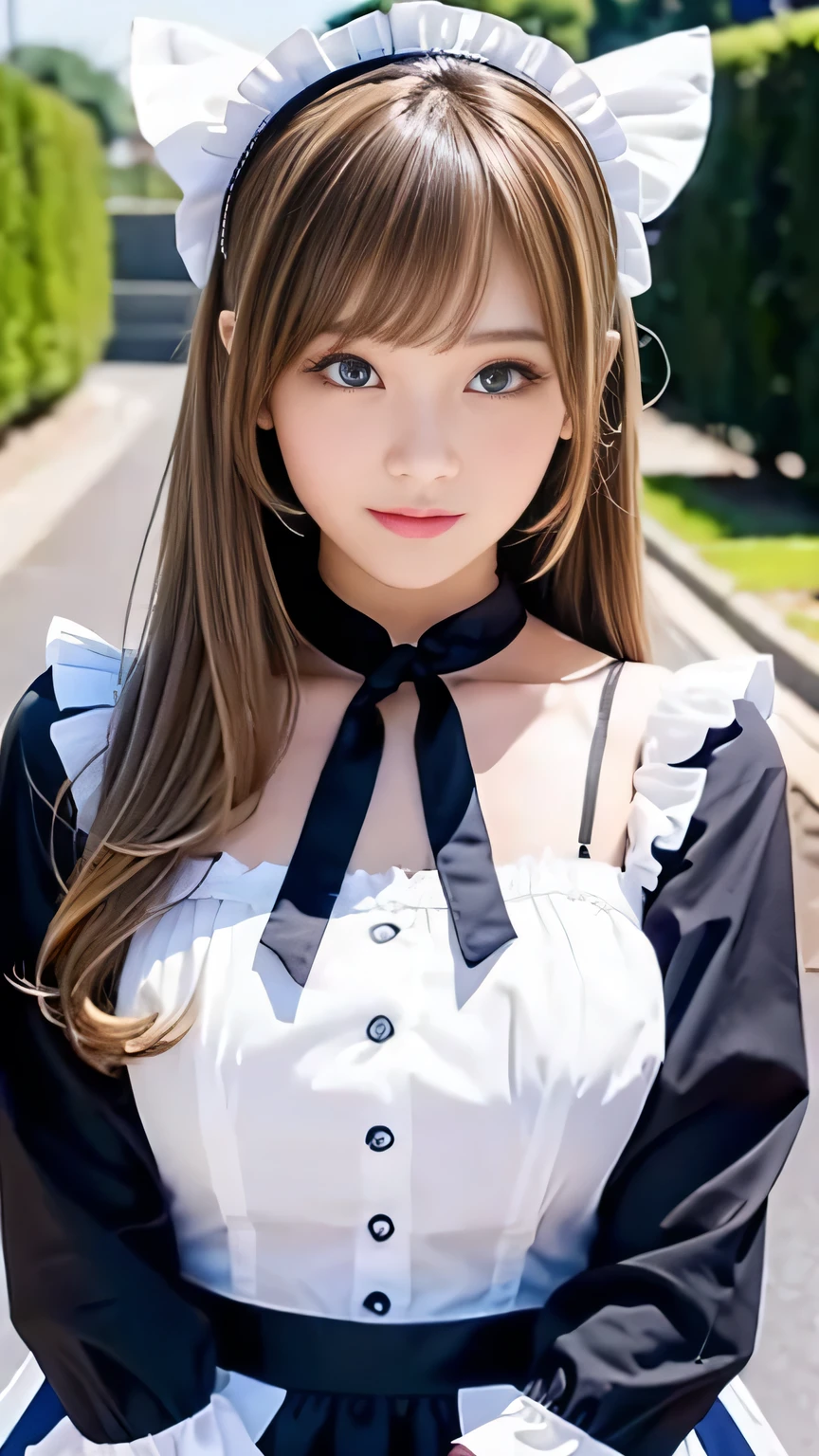 Sexy Big 、A cute 15-year-old girl with a sexy and cute look, beautiful and sexy face、A strong wind blows my hair in front of my face、With straight blonde hair、beautiful, Cute and sexy eyes hidden behind long bangs、Sexy maid outfit、Cute ribbon
