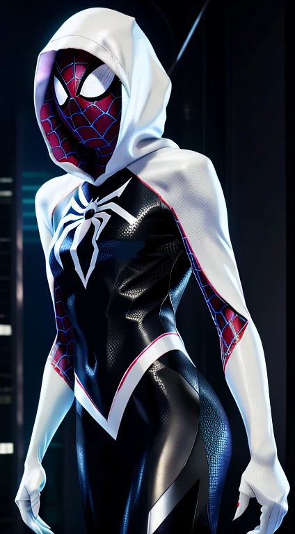 Spider Gwen, Ghost Spider, organic-looking clothing, eyes, fine art, PS5 cinematic screenshot, highly detailed detailed cinematic rendering, ultra photorealistic raytricing, with cinematic lighting