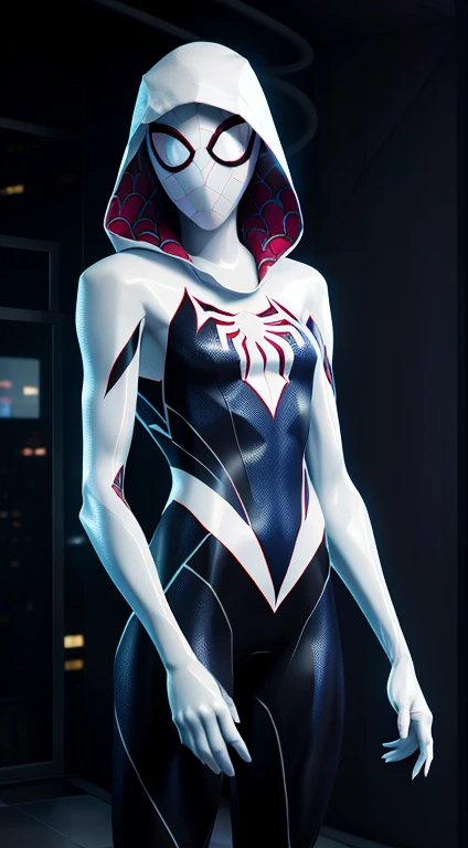 Spider Gwen, Ghost Spider, organic-looking clothing, eyes, fine art, PS5 cinematic screenshot, highly detailed detailed cinematic rendering, ultra photorealistic raytricing, with cinematic lighting