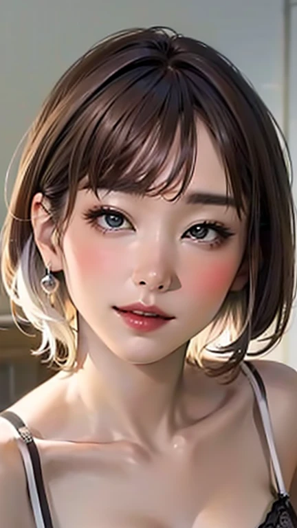 (Top quality masterpiece:1.2) Delicate illustrations, Very detailed, /Beautiful Japanese Women、1 person,Very cute and slim、Great style 、((8k images、super high quality))、Very delicate face, beautifule forehead、Large Breasts、Bright red lipstick,(((((short hair、Light brown hair、Blonde Hair))))),very cute、Kind eyes,((((lingerie))))