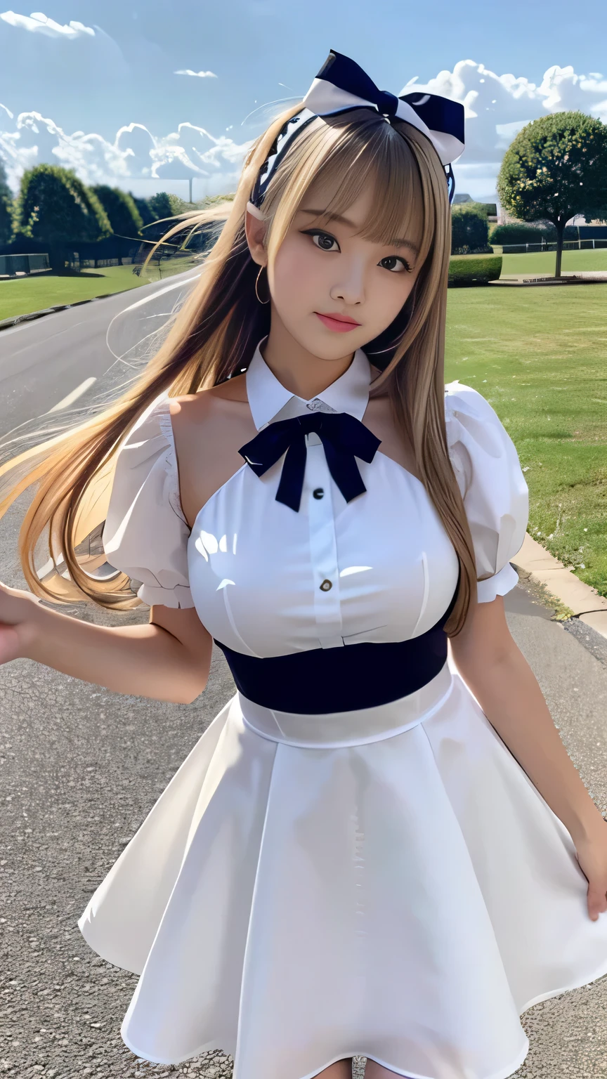 Sexy Big 、A cute 15-year-old girl with a sexy and cute look, beautiful and sexy face、A strong wind blows my hair in front of my face、With straight blonde hair、beautiful, Cute and sexy eyes hidden behind long bangs、Sexy maid outfit、Cute ribbon